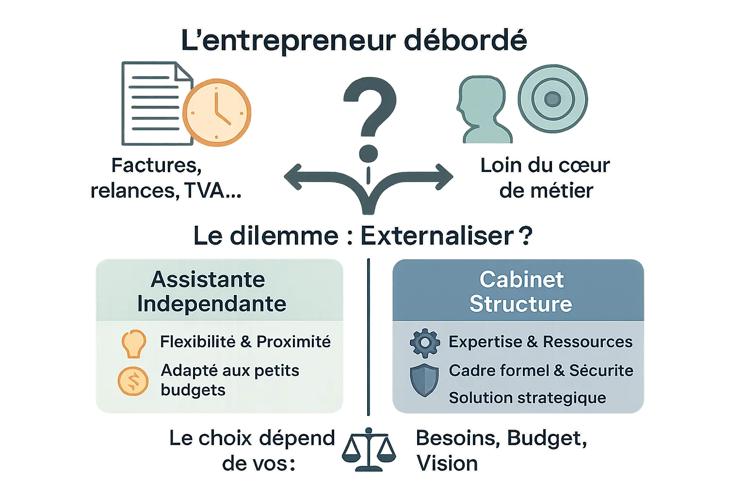 Infographie montrant un entrepreneur stressé par la paperasse et les deux options d'externalisation : assistante indépendante ou cabinet structuré.