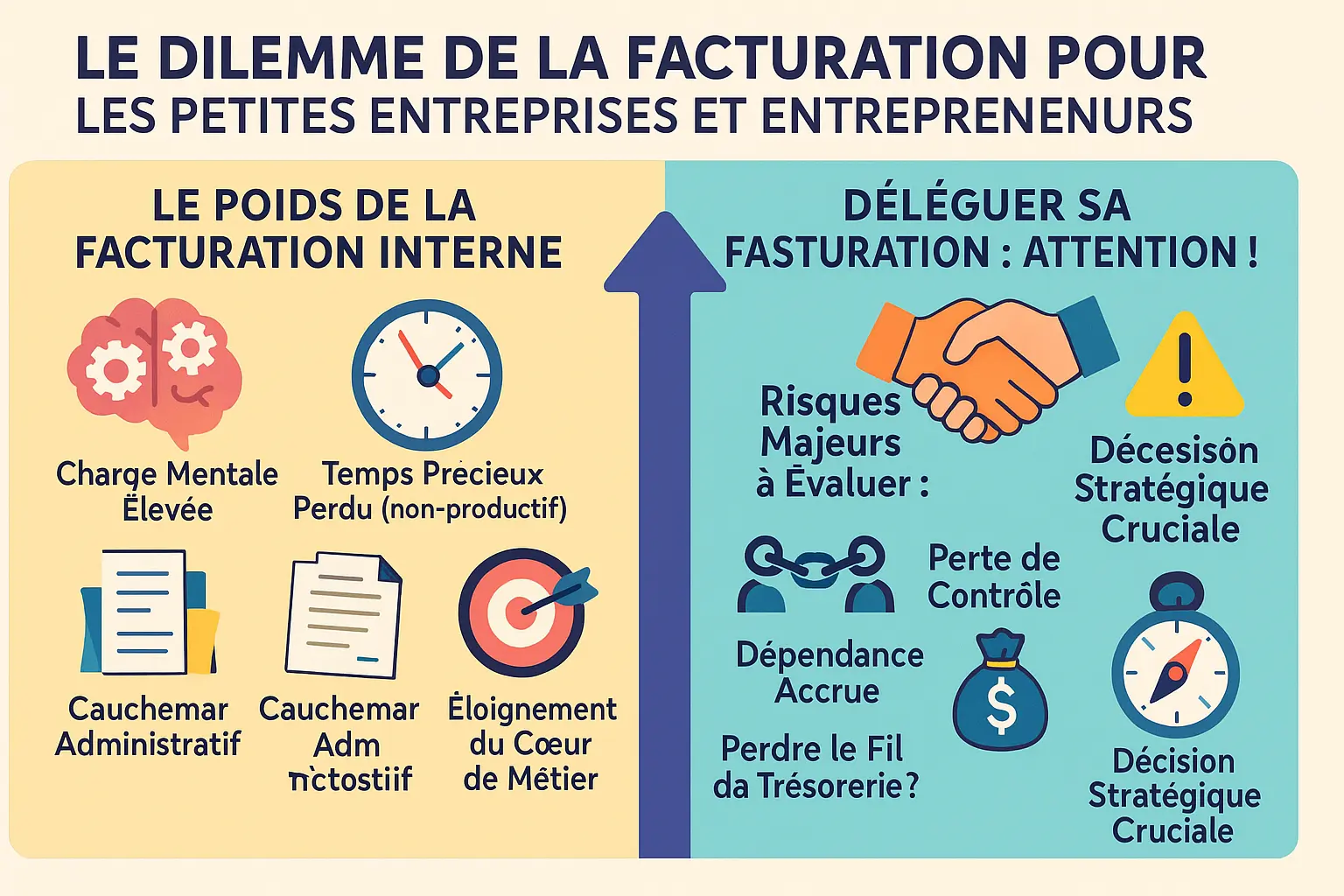 Un entrepreneur dépassé par la paperasse de facturation, illustrant le dilemme de la délégation.