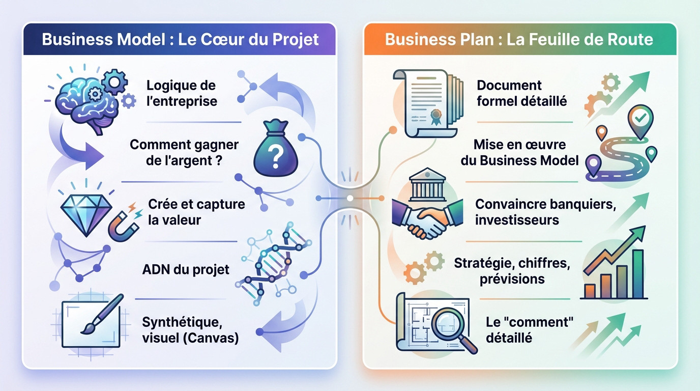 Schéma comparatif illustrant les différences clés entre business model et business plan