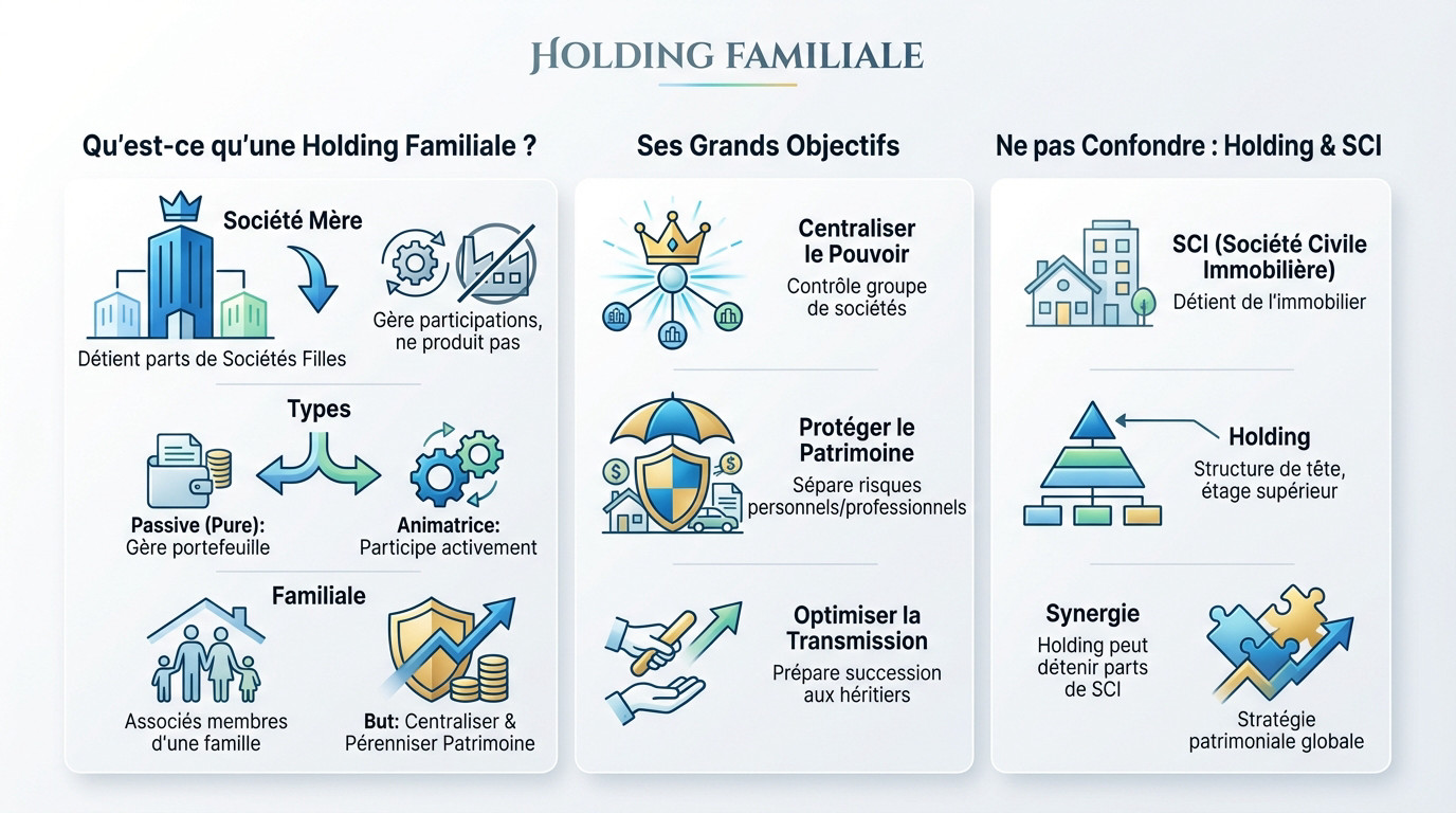 Schéma explicatif du fonctionnement et des objectifs d'une holding familiale : centralisation, protection et transmission