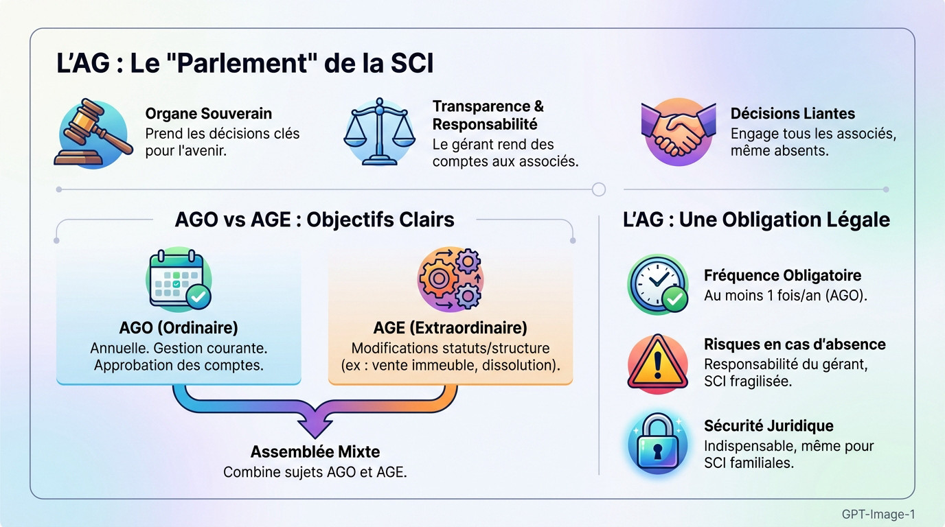 Réunion d'associés lors d'une assemblée générale de SCI pour voter le budget et approuver les comptes annuels
