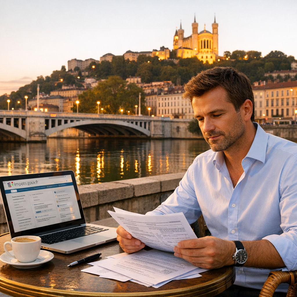 Expert-comptable lyonnais préparant la déclaration d'impôt du dirigeant 2026 avec vue sur Fourvière